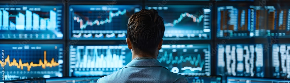 Poster A person in a white coat looking at multiple computer screens with graphs and charts.