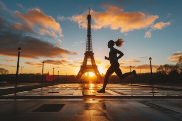 A woman is running in front of the iconic Tower against a sunset sky