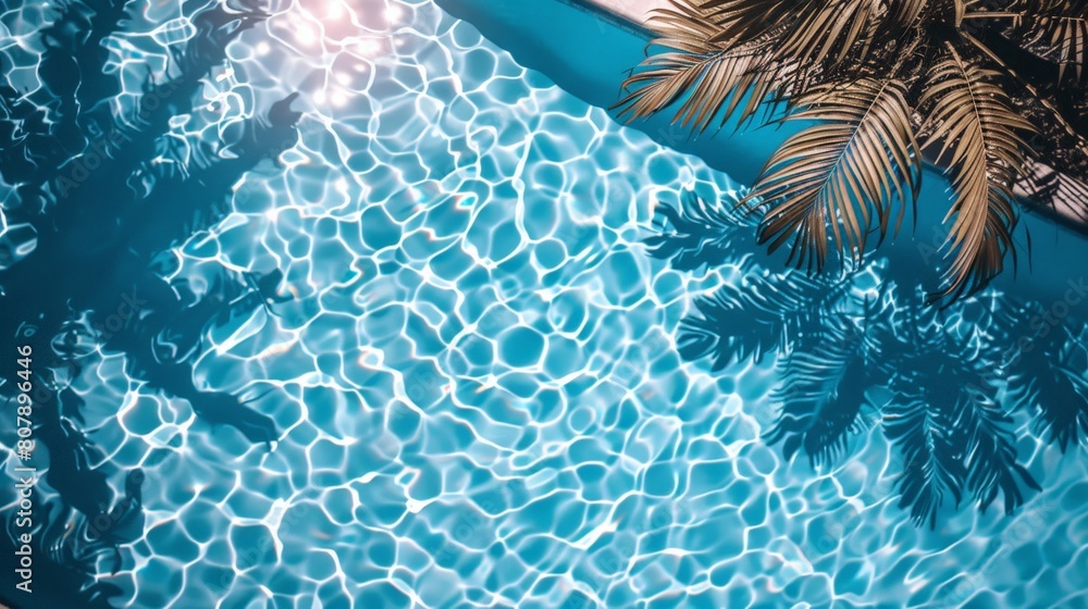 Poster a top-down perspective of a swimming pool surrounded by lush palm trees under a clear sky