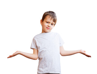 Boy teenager raised his hands up, isolated on transparent background