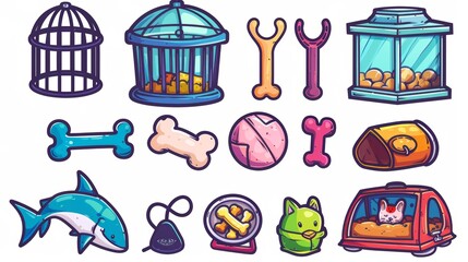 The icon set contains toys, a food bowl, food for dogs, a bird cage, a scratching post for cats, and doodles of cat toys, a ball, a bone, a carrier and a bed for pets.