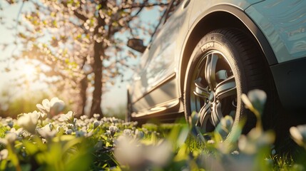 Car parked in the park with blooming flowers. Selective focus. copy space.