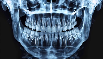 Dental X-ray of adult teeth and jaw structure, used for diagnostic and orthodontic purposes. Concept of dental health in medical education 