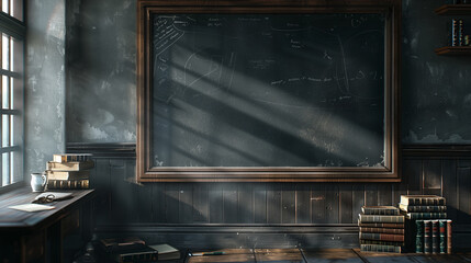 Vintage classroom setup with black chalkboard and stacked old books