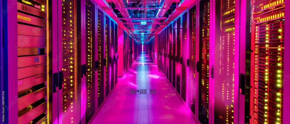 Poster typical data center corridor with rack servers and supercomputers.