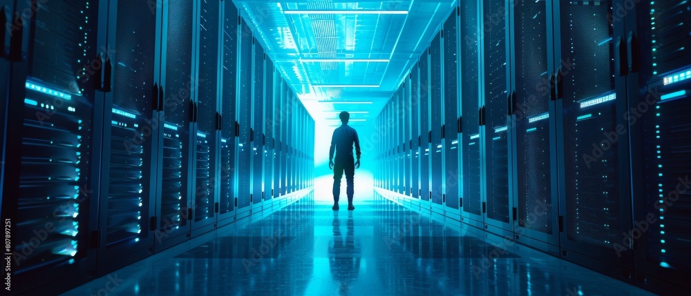 Poster a curious it engineer stands in the middle of a working server room at a data center.