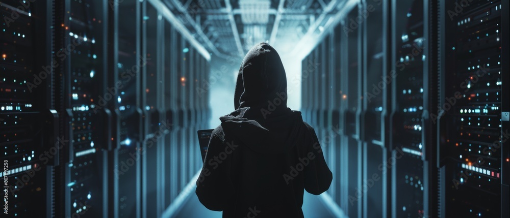 Poster hacker standing in a hoodie in the middle of a data center full of rack servers hacking it using his