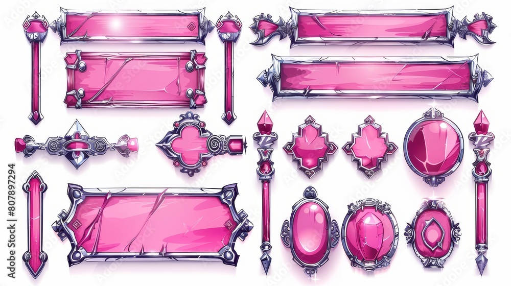 Poster cartoon gui bars for rpg or arcade interface. elegant pink medieval menu glossy borders. ui elements