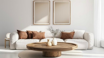 Frame mockup, brown sofa on round sofa, boho style home interior of modern living room