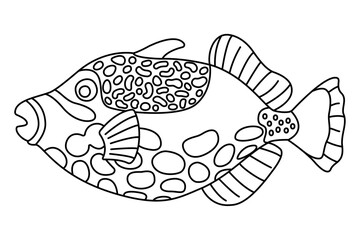 Tropical Fish. Simple Hand Drawn. Isolated on white background. line art drawing Art therapy Coloring page for kids and adults. Black and white Vector illustration
