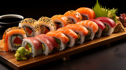 A delectable sushi platter featuring an assortment of nigiri and rolls