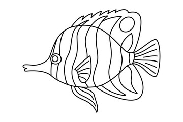 Tropical Fish. Simple Hand Drawn. Isolated on white background. line art drawing Art therapy Coloring page for kids and adults. Black and white Vector illustration