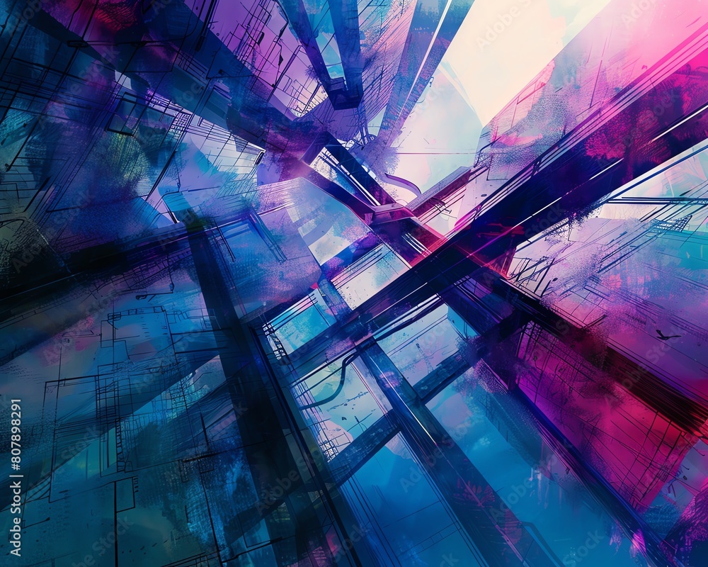 Aufkleber capture a low-angle view of futuristic technologies melded with abstract artistic movements in a sur