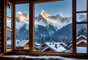 Breathtaking vista of jagged, snow-dusted mountains viewed from the window of a traditional chalet