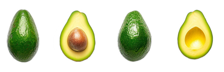 Set of fresh whole, half and sliced avocado isolated on transparent background