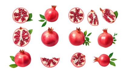 Set of fresh whole and half of pomegranate isolated on transparent background
