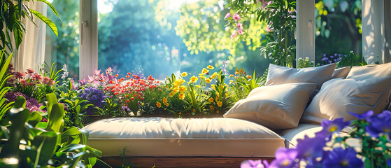 Serene Garden Scene with Blooming Flowers and a Classic Wooden Bench, Perfect for Summer Relaxation