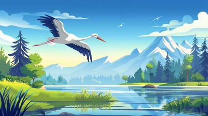 Naklejka premium Flying white stork above lake in the morning. Modern illustration of rural landscape with green grass on river bank and coniferous trees.