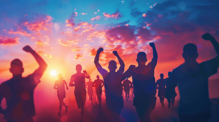 silhouetted runners crossing a bridge or overpass during a dawn marathon, with the structure's architectural lines accentuating their movement and determination, symbolizing progress and forward momen