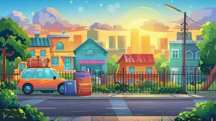 Modern cartoon illustration of summer urban landscape with road, sidewalk, green bushes, and car with baggage at sunset.