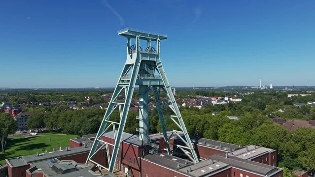 Aerial drone view of the German Mining Museum, also known as Deutsches Bergbau-Museum Bochum. This major museum showcases the history and technology of mining, featuring mineral specimens .