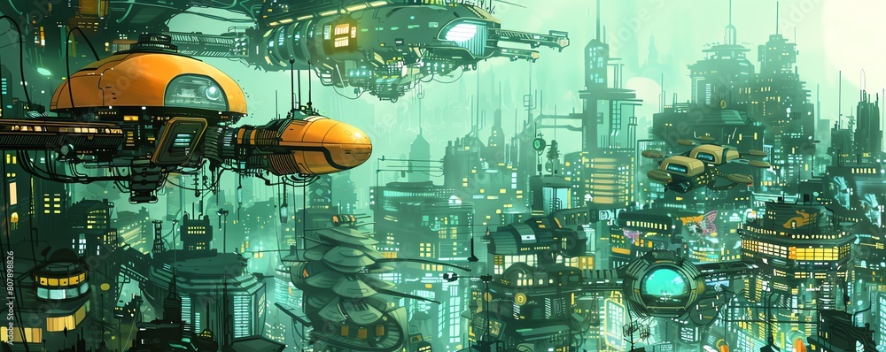 Poster capture an eye-level view of futuristic aerial robotics navigating a bustling cityscape incorporate 