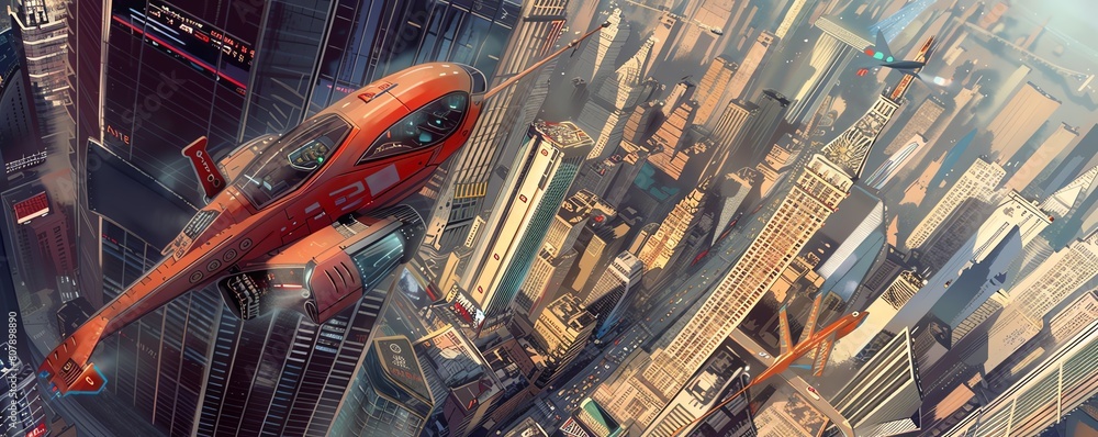 Poster capture an eye-level view of futuristic aerial robotics navigating a bustling cityscape incorporate 