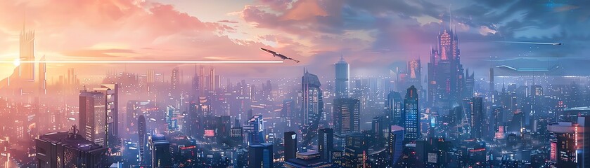 Capture a stunning panoramic view of a futuristic cityscape
