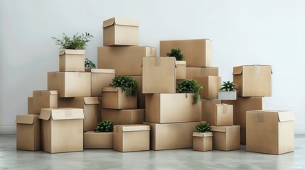 Stacked carton boxes, isolated, white background. Generative AI.