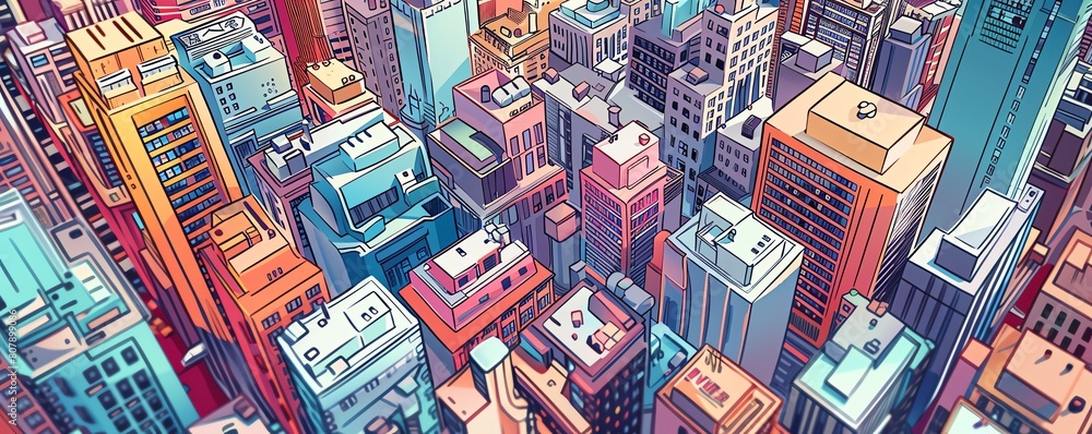 Aufkleber capture the essence of a high-angle view of a bustling cityscape for a modern twist on world news in