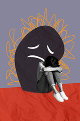 Composite sketch image 3D photo collage of young person depressed stress headache sit hug knees bad...