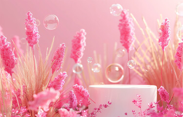 A dreamy pink grass landscape with soft pastel colors, featuring an empty white podium surrounded by floating bubbles and ethereal clouds. Magical atmosphere for product display or beauty presentation