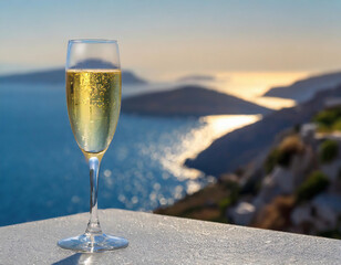 Fototapeta premium A chilled glass of champagne positioned against a backdrop of the Aegean Sea, its islands gently blurred in the background, evoking a sense of tranquility and luxury.