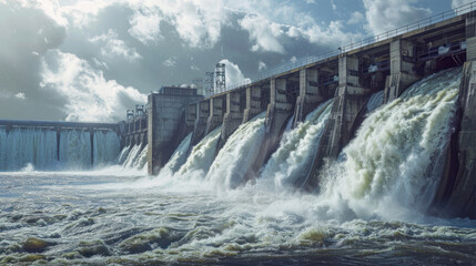 a hydroelectric dam spanning a river, with water cascading over the spillways and turbines generating electricity, showcasing the harnessing of natural resources for power generation.