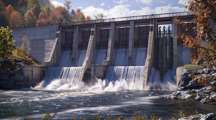a hydroelectric dam spanning a river, with water cascading over the spillways and turbines generating electricity, showcasing the harnessing of natural resources for power generation.
