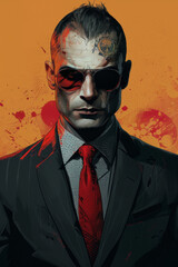 Fototapeta premium Detailed semi-realistic illustration of a suave gangster with skinhead hairstyle in a minimal background.