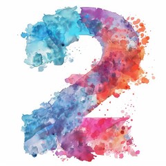 2, two number in watercolor painting on a white background