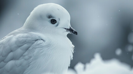 Stunning close-up of a Snow Petrel against a snowy backdrop, showcasing pristine white feathers.
