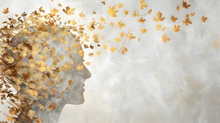 Human head and trees, leaves, and roses, human brain surrounded by plants and flowers