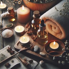 Cozy winter self-care scene with spices on rustic wooden tray