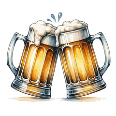 An illustration for Beer day, Cheers clipart with two beer mugs clinking together, rendered in watercolor style.
