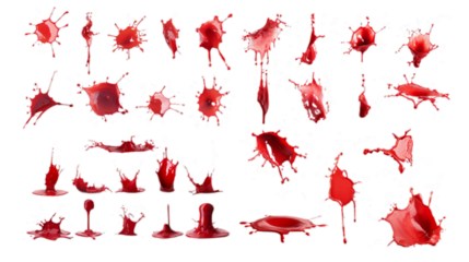 Various splashes of blood or paint isolated on transparent background