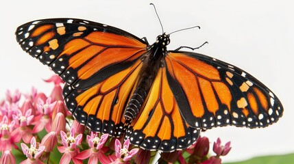 close - up of monarch butterfly on milkweed amidst a colorful array of flowers, including pink, red, and pink - and - red blooms, with a black antenna in the background