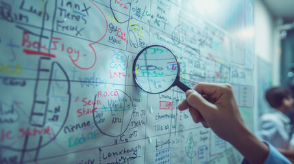 hand holding a magnifying glass over a whiteboard covered with handwritten stock market notes and calculations, symbolizing the process of financial analysis.