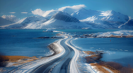 The road with beautiful blue sea, a beautiful snowy mountain on distant, the road has beautiful gentle curves up and down and left and right. Generative AI.