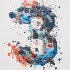 3, three number in watercolor painting on a white background