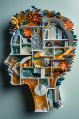 Creative paper cut illustration of person's head with office elements for business planning and mental processes.