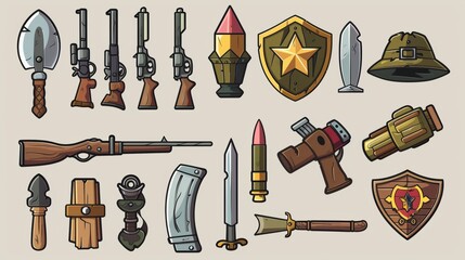 Naklejka premium Isolated collection of war weapons, mine, rocket bomb, hand grenade, knife, sword, wooden shield, shotgun bullet, army cap with golden star.