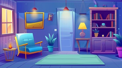 Modern illustration of a 2D cartoon apartment with wooden furniture, armchairs and sofas, cabinets, and shelves.