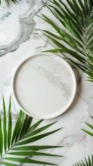 White plate with a green leaf on it. Vertical background 